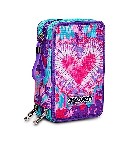 Seven Pudełko szkolne 3 Zip, Wielokolorowy, Trendy Heart Girl, Potrójna komora Akcesoria z ołówkami, Długopisy i markery, Akcesoria szkolne, Akcesoria Plecaki, Szkoła i Wypoczynek, Dziewczęta i