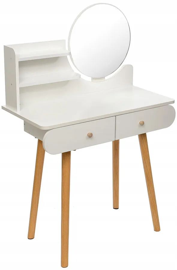 Biała skandynawska toaletka z półkami i lustrem K0-N67