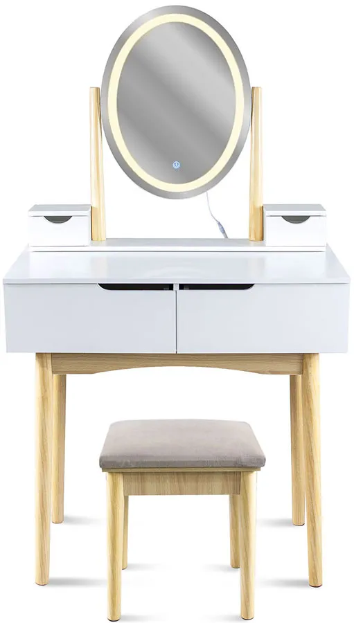 Biała toaletka z lustrem led i beżowym stołkiem M9-D97
