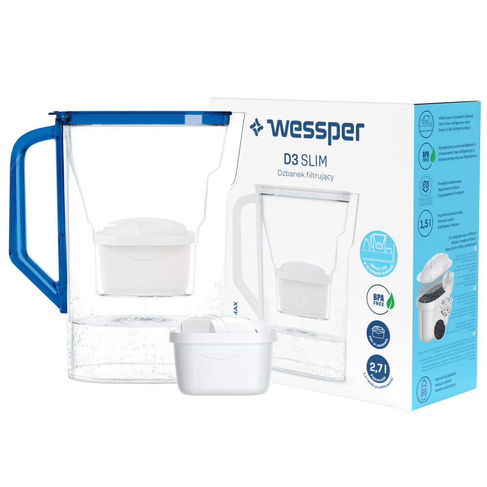 Dzbanek filtrujący do lodówki D3 Slim Aquamax 2,7L Wessper niebieski