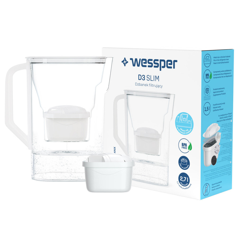 Dzbanek filtrujący do lodówki D3 Slim Aquamax 2,7L Wessper biały