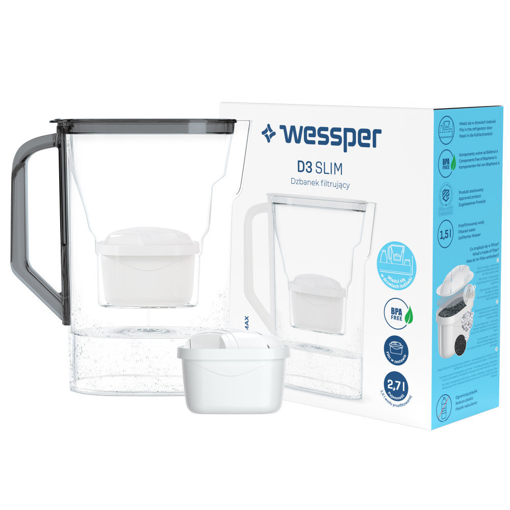 Dzbanek filtrujący do lodówki D3 Slim Aquamax 2,7L Wessper czarny