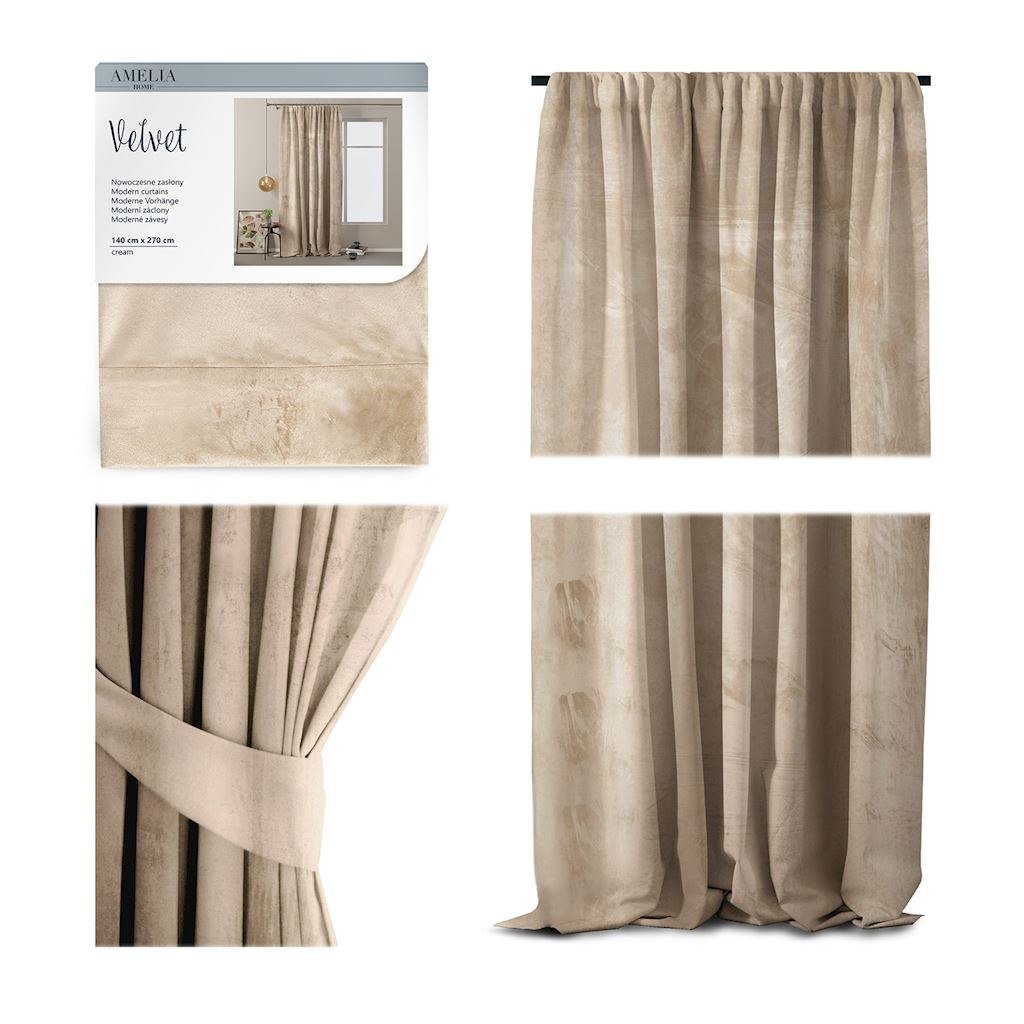 Zasłona AMELIA HOME VELVET PLEAT, kremowa, 140x270 cm