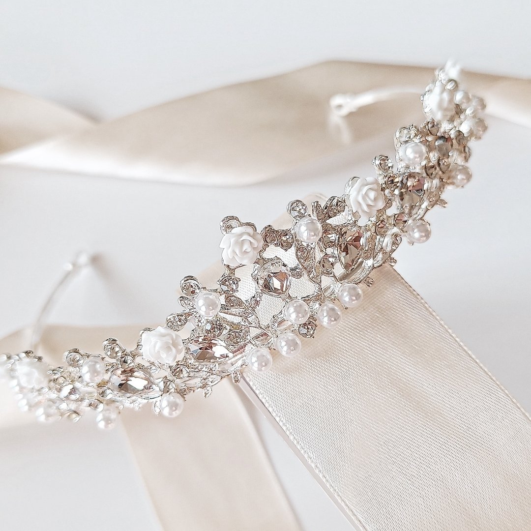 Kokonet, Tiara Z Różami Srebrna Korona Ślubna Cyrkonie, Glam