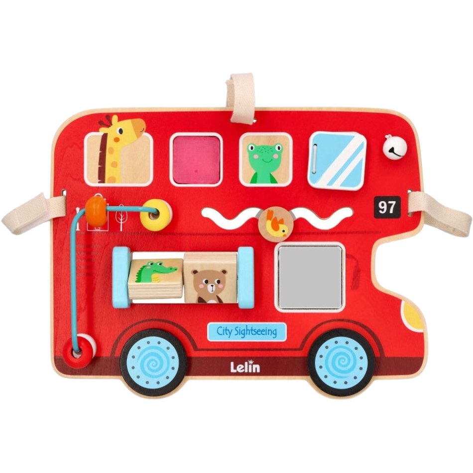 Motoryczna tablica dla dzieci czerwony autobus Lelin z drewna