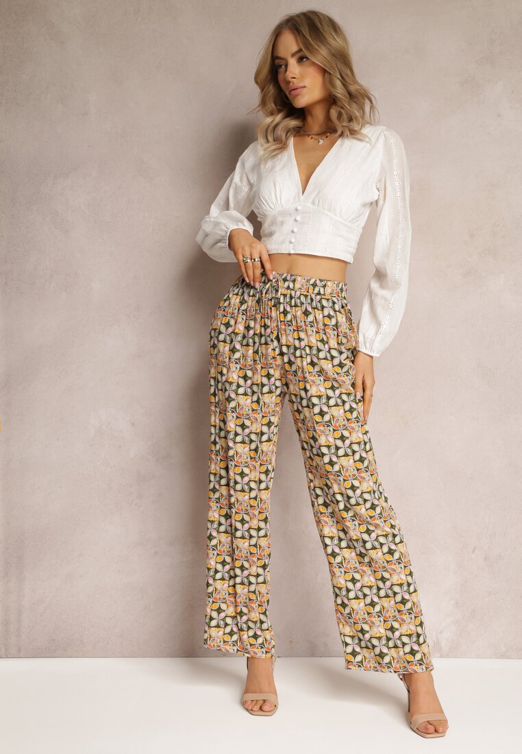 Jasnozielone Wiskozowe Spodnie High Waist Szerokie z Gumką w Pasie i Kieszeniami Aizha