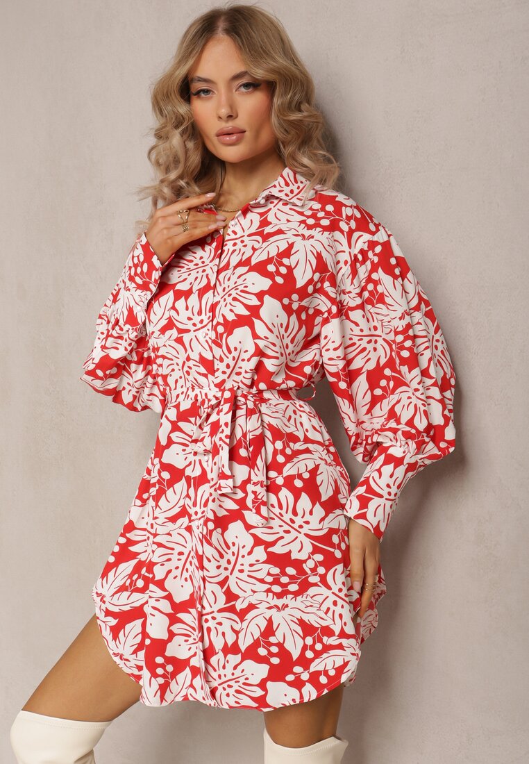 Czerwona Mini Sukienka o Rozkloszowanym Koszulowym Fasonie w Kwiatowy Print Enda