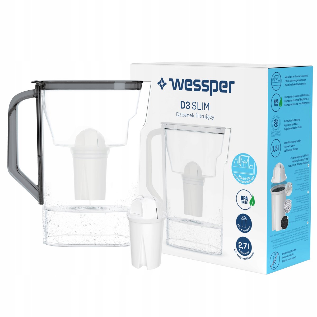 Dzbanek filtrujący do lodówki D3 Slim Aquaclassic 2,7L Wessper czarny
