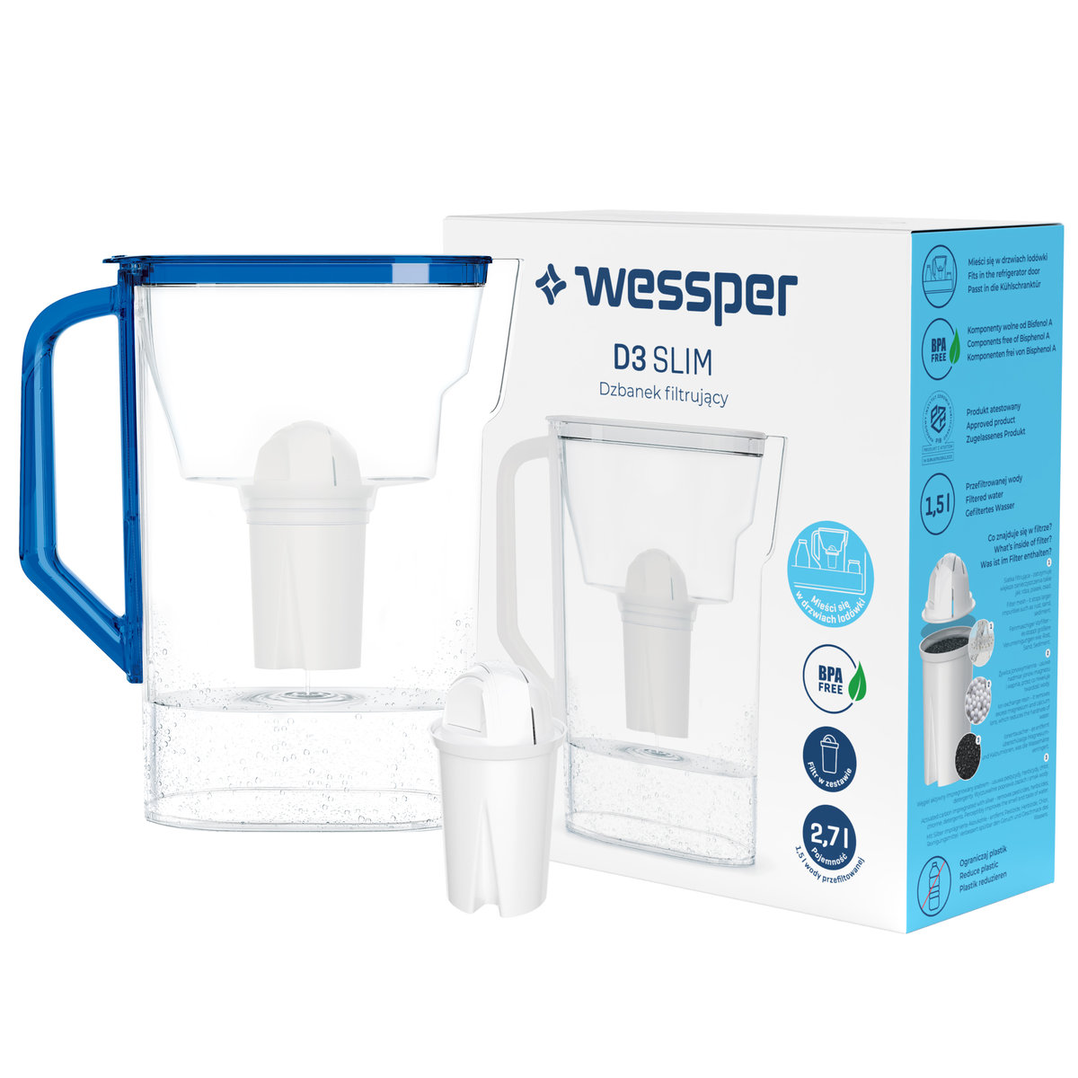 Dzbanek filtrujący do lodówki D3 Slim Aquaclassic 2,7L Wessper niebieski