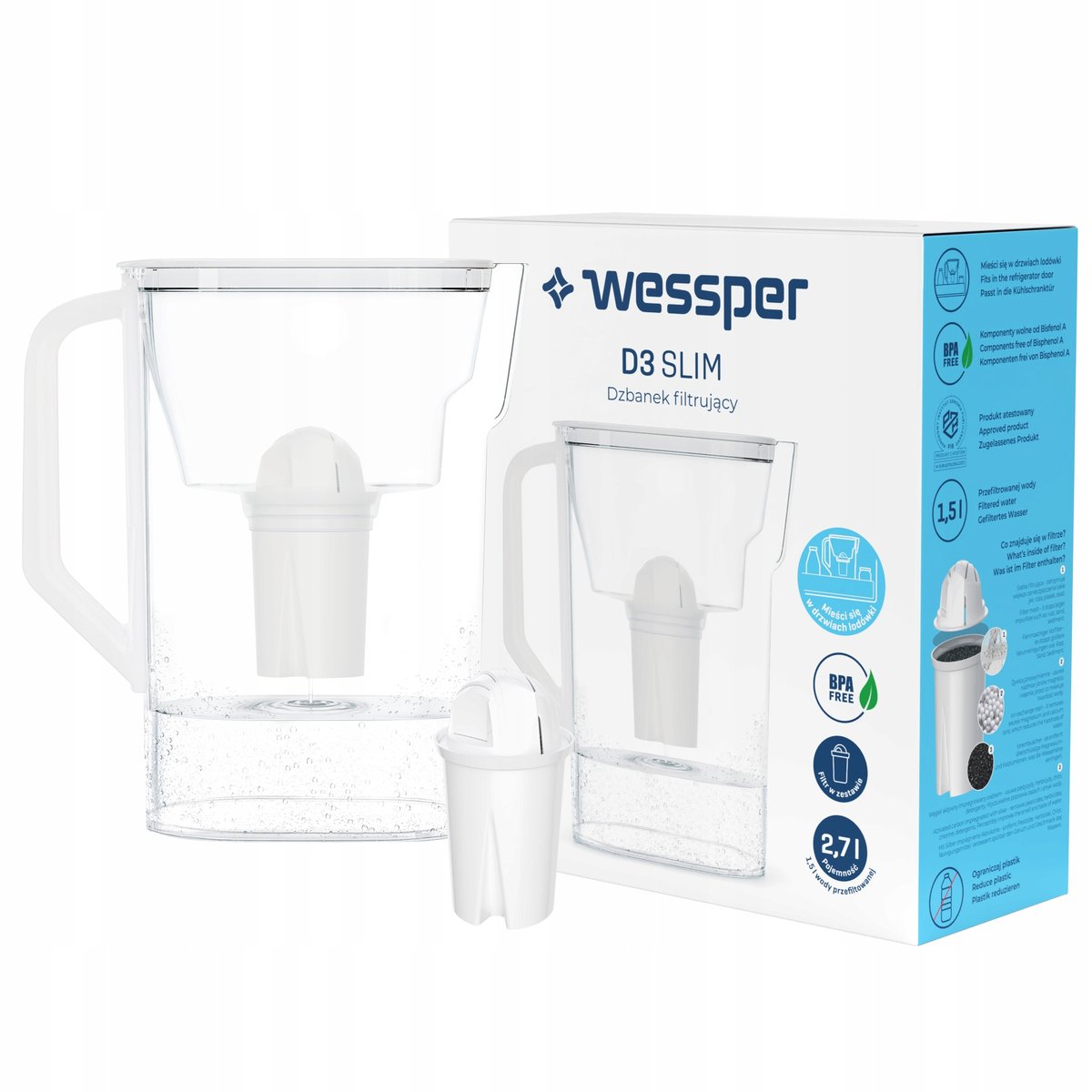 Dzbanek filtrujący do lodówki D3 Slim Aquaclassic 2,7L Wessper biały