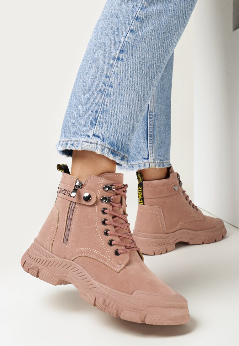 Różowe Traperki na Grubej Podeszwie Beanika