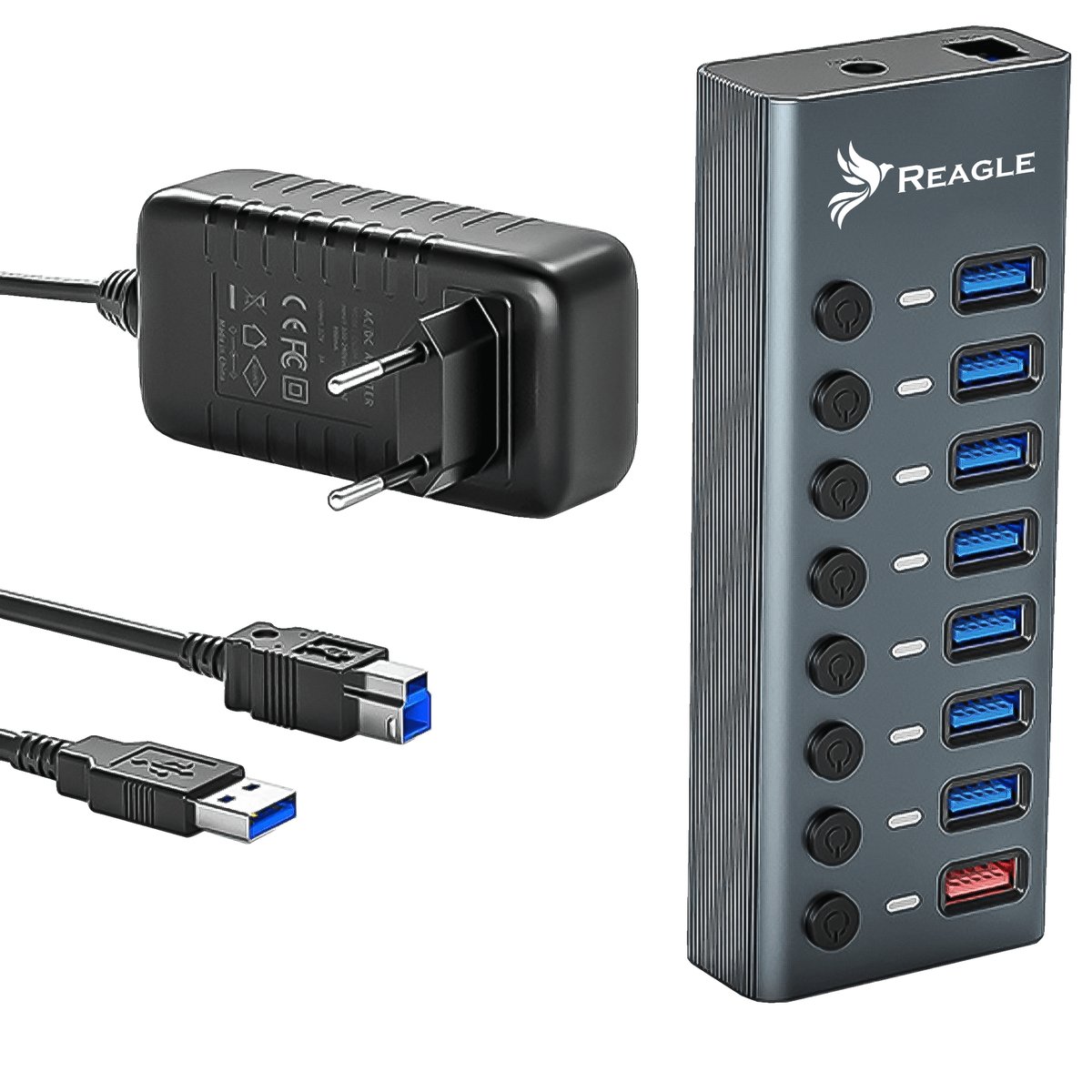 Reagle HUB USB 3.1 PRO Aktywny 8 Portów USB-A Zasilacz 36W