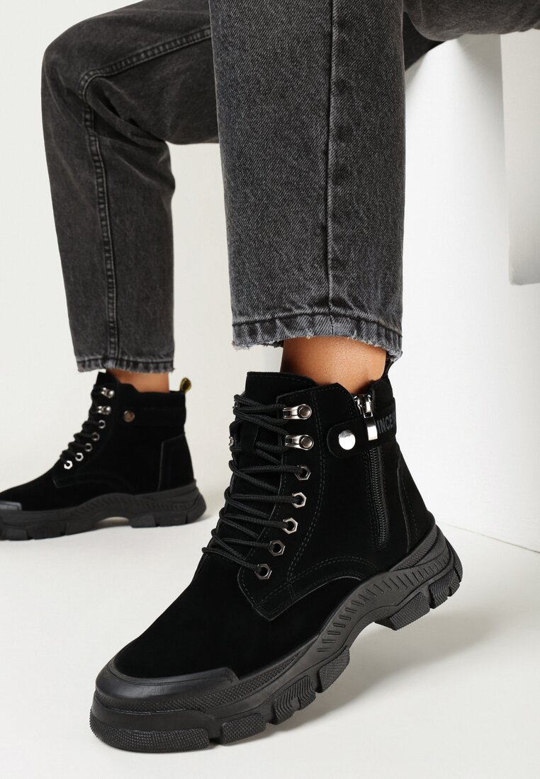 Czarne Traperki na Grubej Podeszwie Beanika