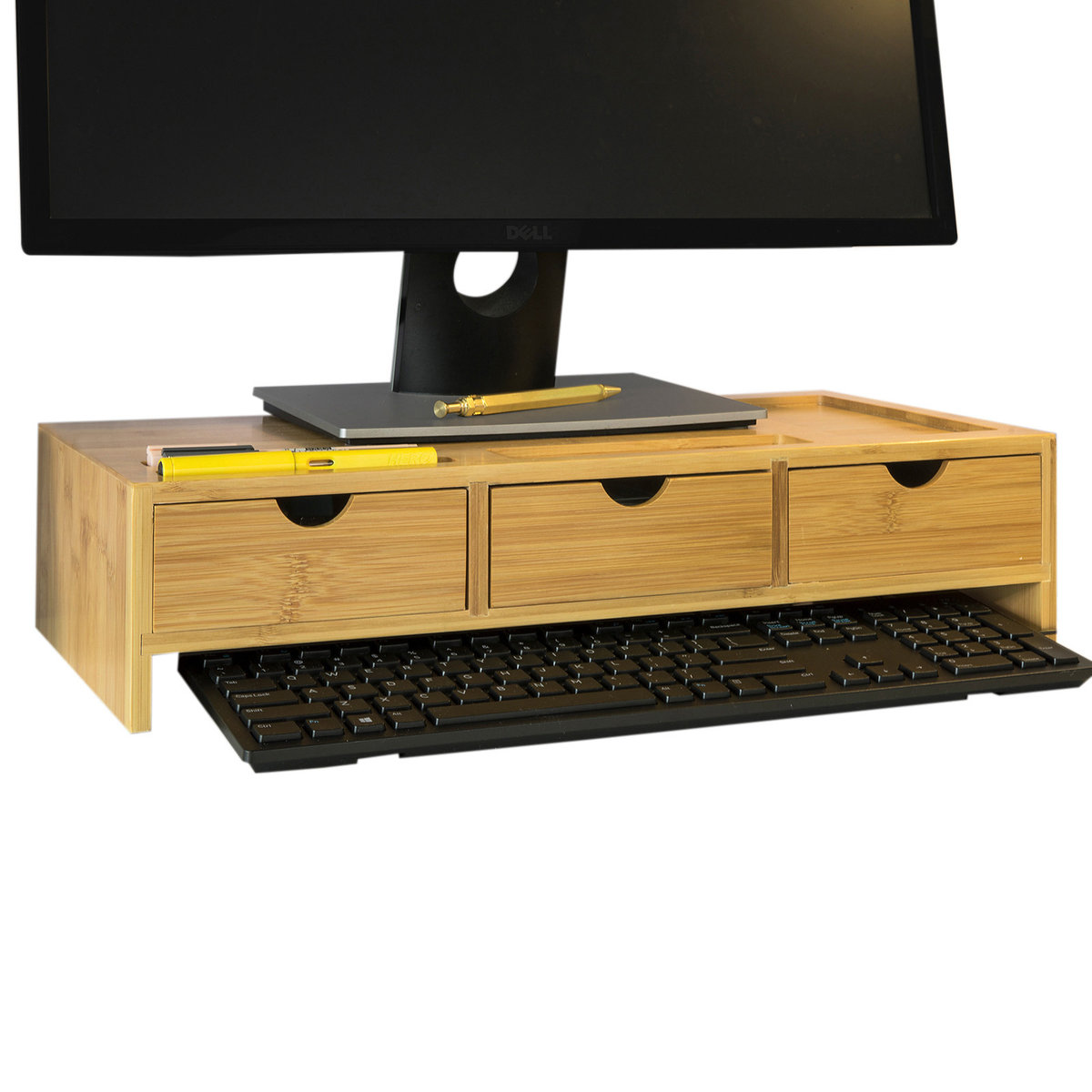 SoBuy BBF03-N Podstawa podstawka półka pod Monitor Stojak na biurko 3 szuflady Bambus