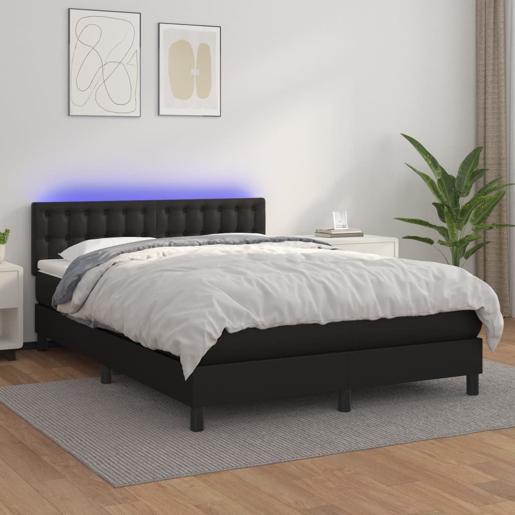 vidaXL Łóżko kontynentalne, materac i LED, czarna ekoskóra, 140x190 cm