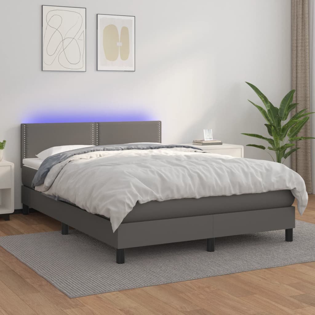 vidaXL Łóżko kontynentalne z materacem i LED, szara ekoskóra 140x200cm