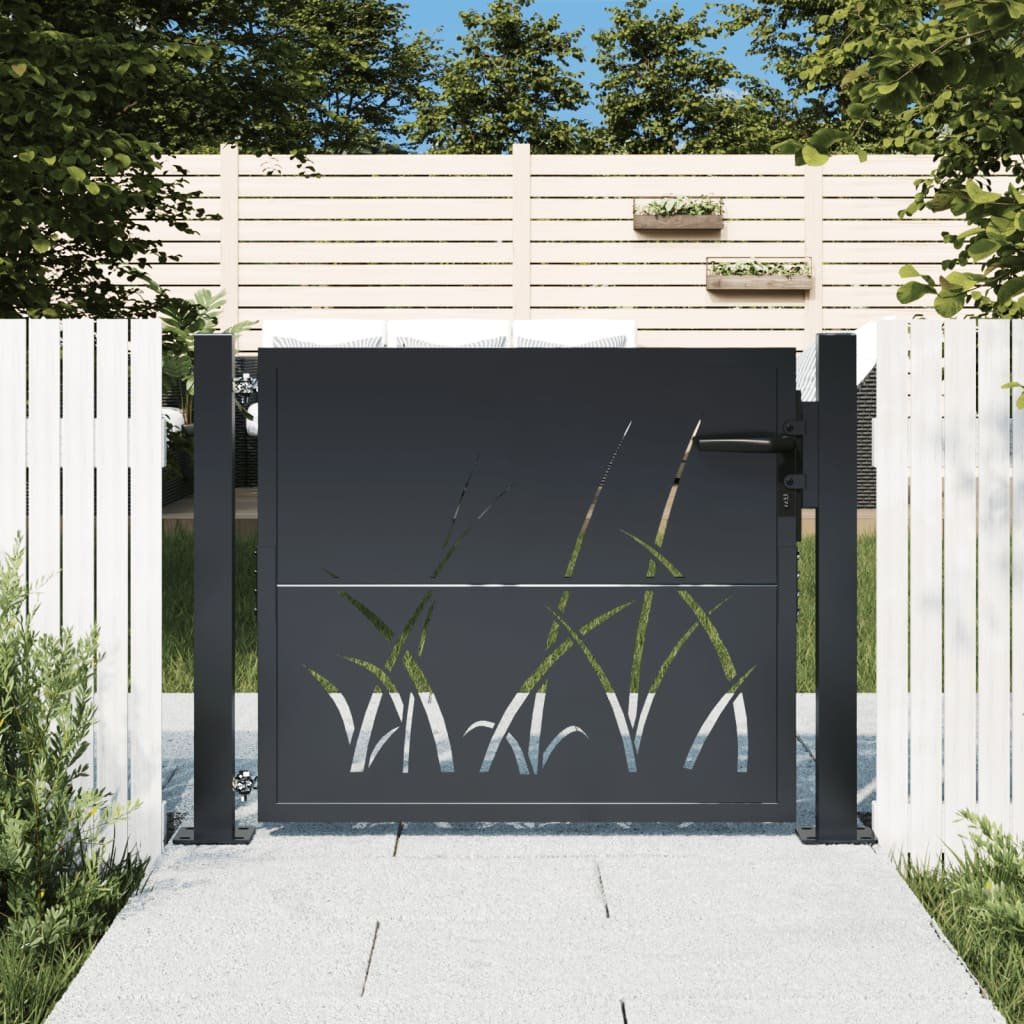 vidaXL Furtka ogrodowa, antracytowa, 105x80 cm, stal, motyw trawy