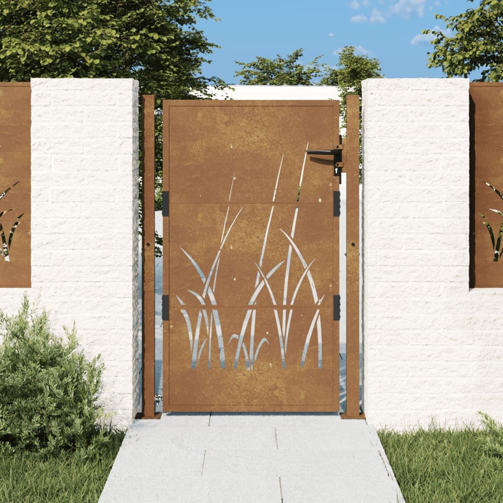vidaXL Furtka ogrodowa, 105x130 cm, stal kortenowska, motyw trawy