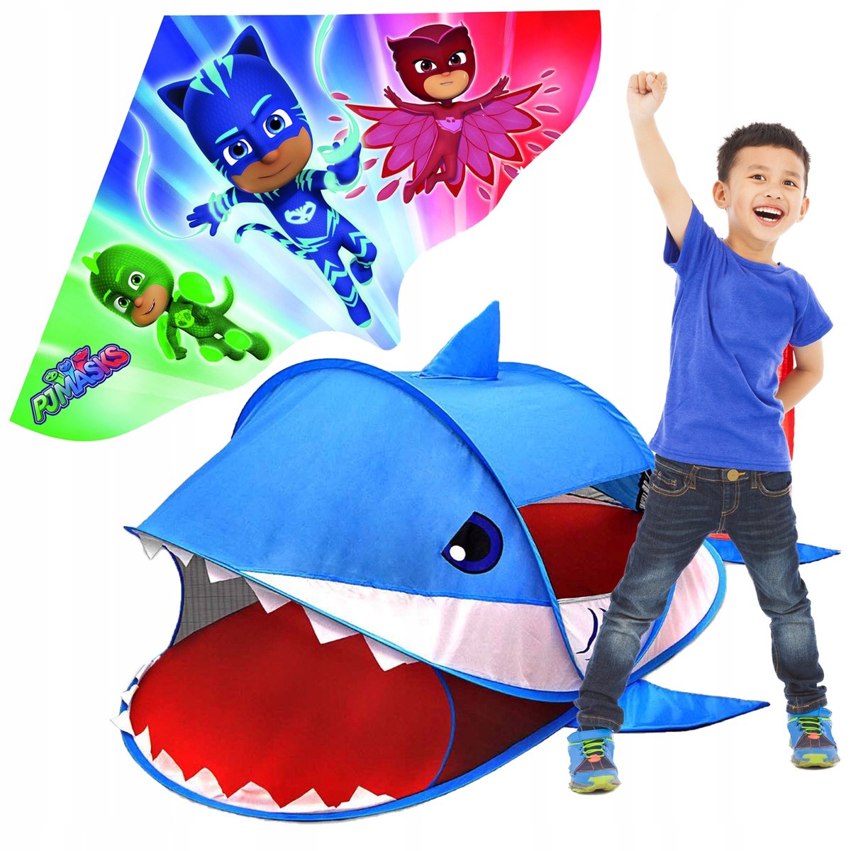 ZESTAW: NAMIOT REKIN SHARK DLA CHŁOPCA, LATAWIEC GUNTHER PIDŻAMERSI PJ MASKS