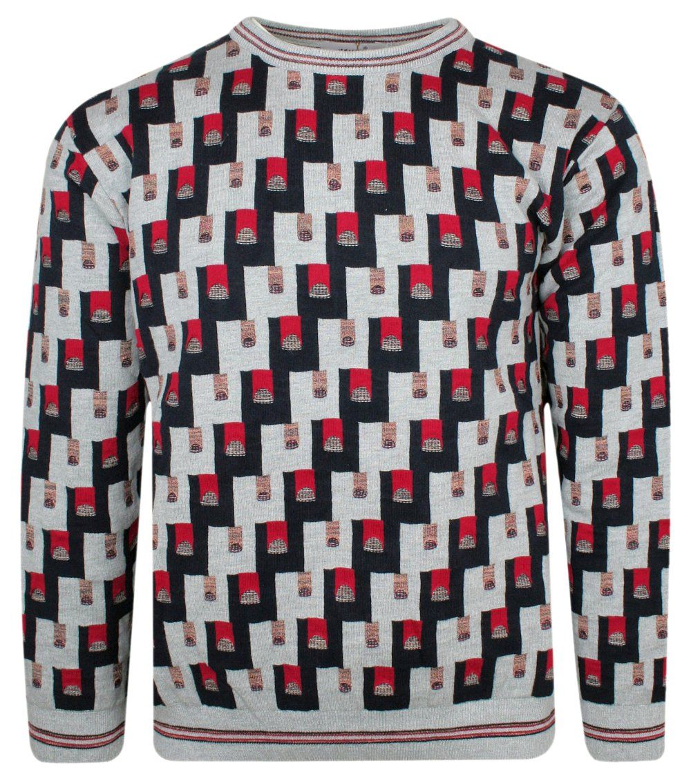 Sweter Szary z Okrągłym Dekoltem, Wzór Geometryczny, U-neck -YAMAK - Yamak