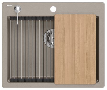 QUADRON Zlewozmywak 59,5x50 KURT 110 WORKSTATION szarobeżowy, elementy stalowe, Dozownik, Qmata, deska HCQK5052ST