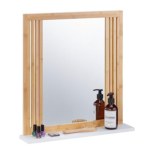 Relaxdays Lustro łazienkowe z półką, bambus i MDF, prostokątne, wys. x szer. x gł.: 56,5 x 54 x 10 cm, lustro do zawieszenia, naturalne/białe, 1 sztuka