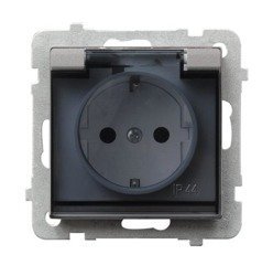 Ospel Gniazdo bryzgoszczelne z uziemieniem schuko, IP-44, kolor SREBRO MAT - wieczko w kolorze dymnym GPH-1RS/m/38/d