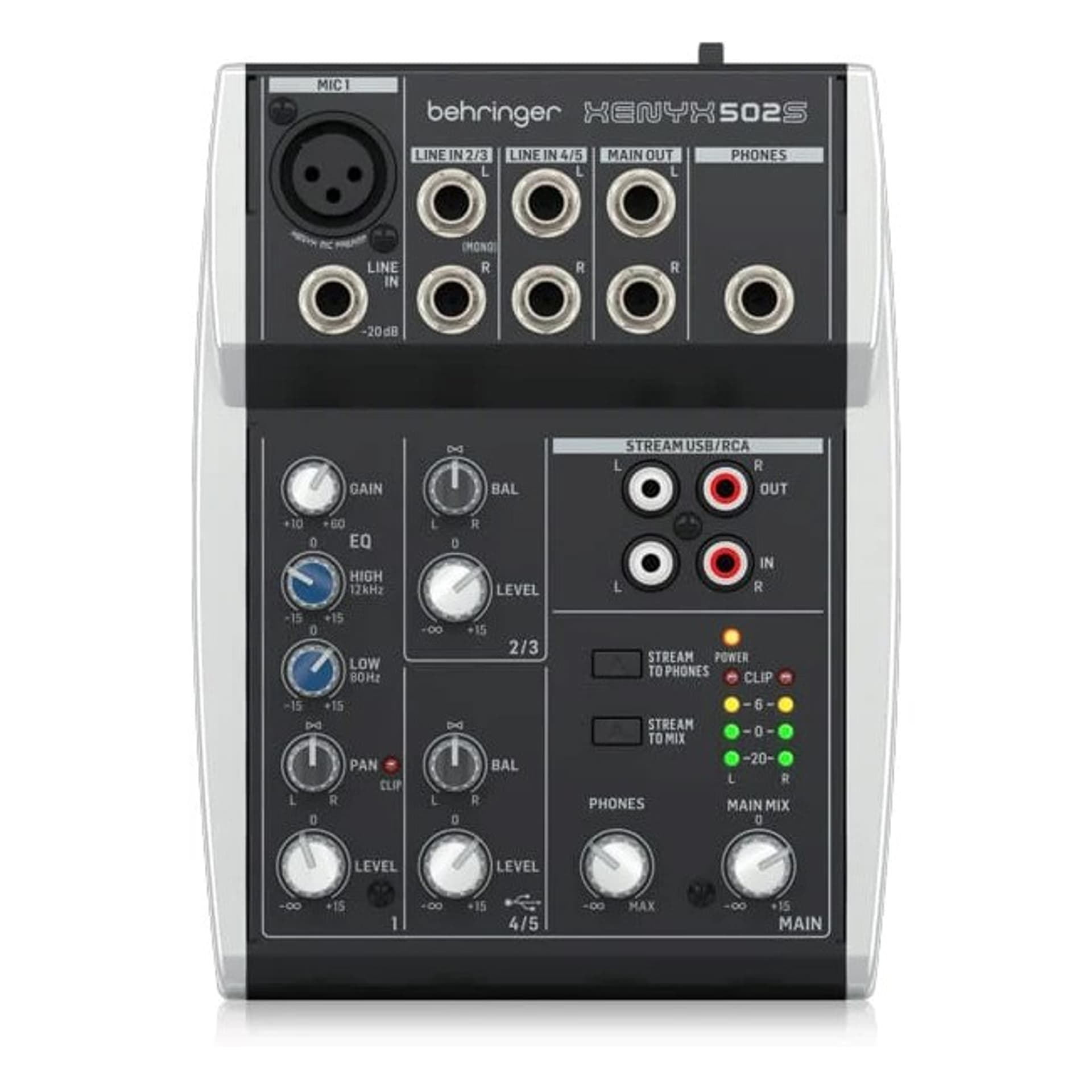 Behringer 502S - 5-kanałowy kompaktowy mikser analogowy z interfejsem USB zaprojektowany specjalnie do obsługi podcastów, streamowania oraz nagrywania w domu