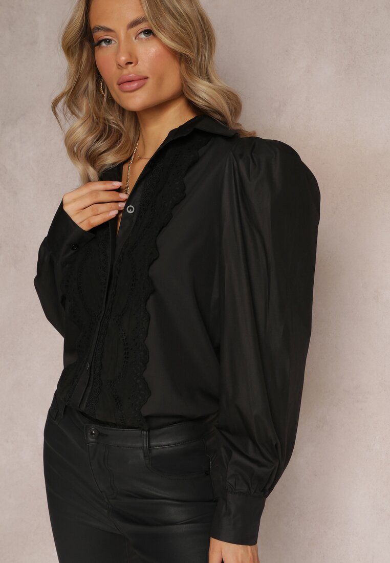 Czarna Koszula z Haftowanego Materiału z Kołnierzykiem i Guzikami Helminave