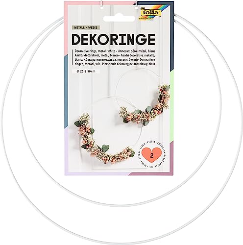folia 24205 - Pierścienie dekoracyjne w kolorze białym, metalowe pierścienie do rękodzieła, 2 sztuki o średnicy 25 cm i 30 cm, grubość ok. 3 mm