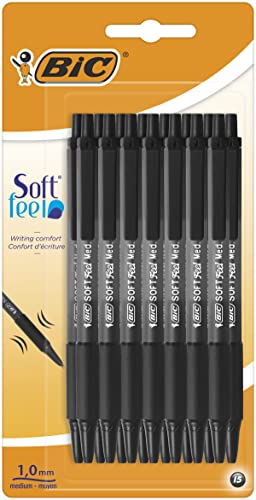 BIC Soft Feel Click Grip zestaw długopisów 15, wysuwana końcówka gumowy uchwyt 1,0 mm, czarny