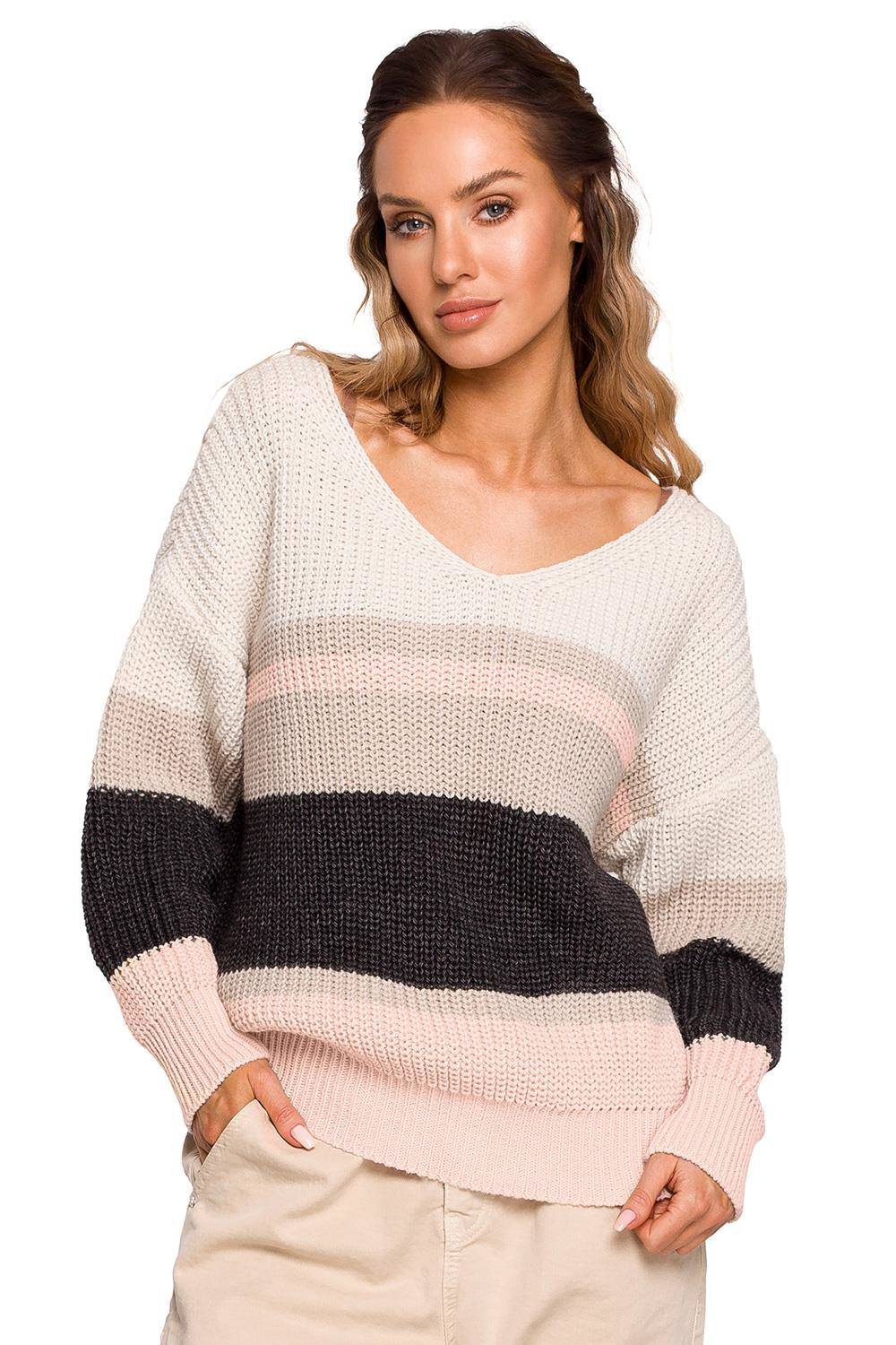 Kolorowy sweter w paski i z dekoltem w serek - Polski Producent