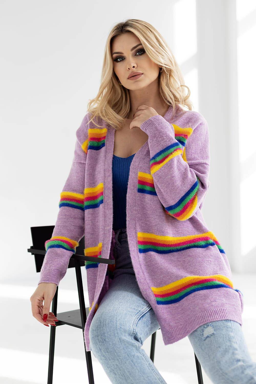 Elegancki sweter kardigan w kolorowe paski liliowy - PeeKaBoo