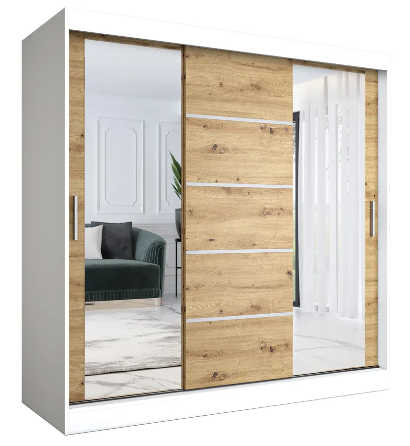 Szafa przesuwna z lustrami 200 cm biały + dąb artisan Z9-B74