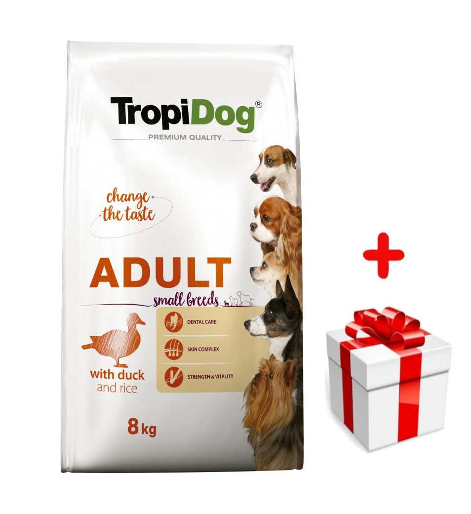 TROPIDOG Premium Adult Small Breeds z kaczką i ryżem 8kg + niespodzianka dla psa GRATIS!