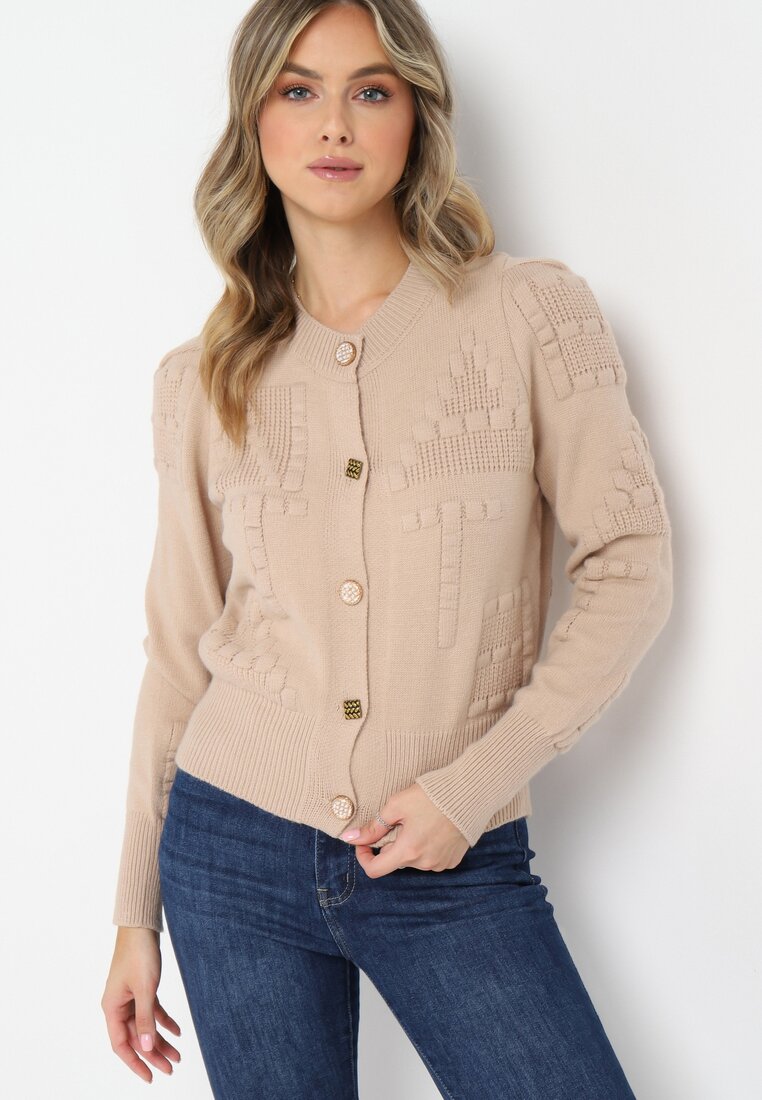 Beżowy Kardigan z Wiskozy Zapinany na Ozdobne Guziki ze Ściągaczami Zoekia