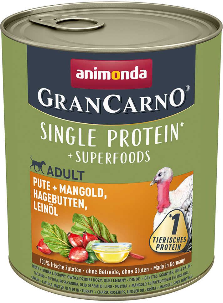 Animonda GranCarno Adult Superfoods, 6 x 800 g - Indyk, burak liściowy, owoce dzikiej róży, olej lniany