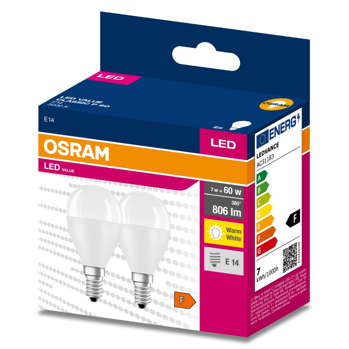 2PAK Żarówka LED E14 P45 7W = 60W 806lm 3000K Ciepła 200° OSRAM VALUE