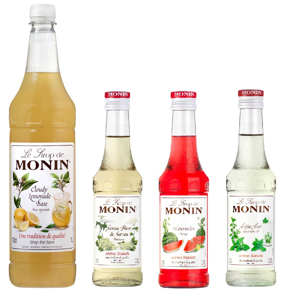 Zestaw syropów Monin do lemoniady - Cloudy, Arbuz, Mojito Mint, Czarny Bez