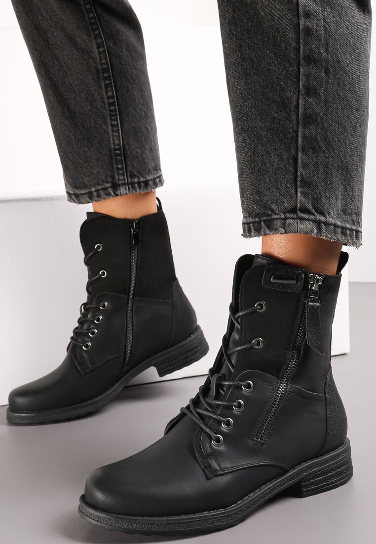 Czarne Botki Sznurowane z Zamkiem Hiyab