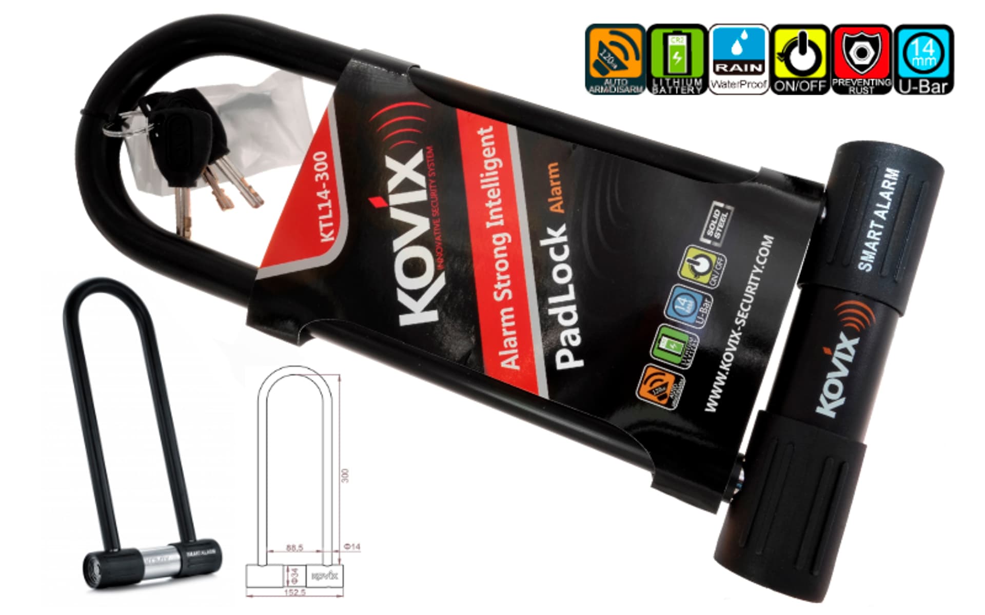 Kłódka U-Lock  z alarmem KOVIX KTL14-300 czarna
