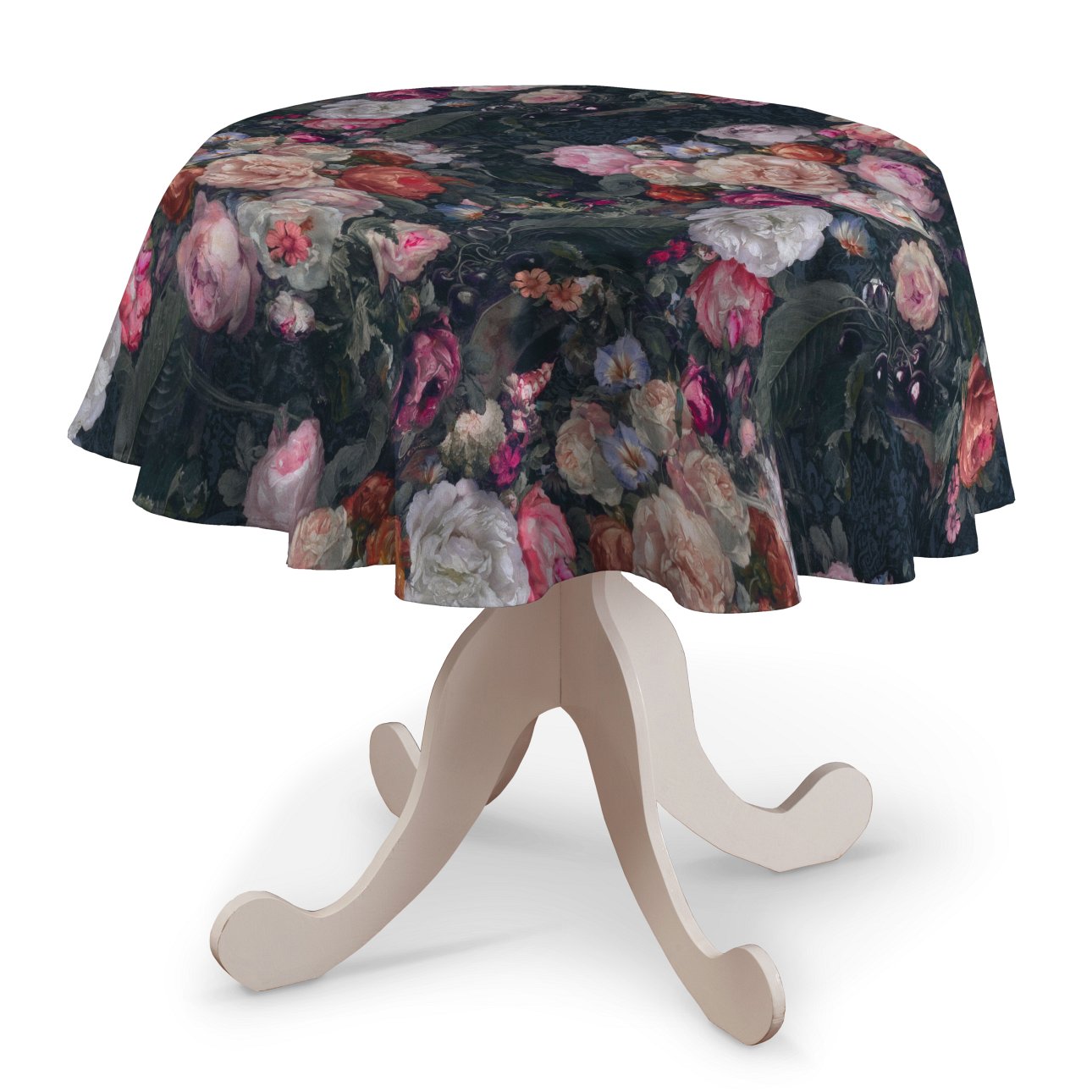 Dekoria Obrus okrągły wielobarwne kwiaty na ciemnym tle 135 cm Gardenia 415-161-02