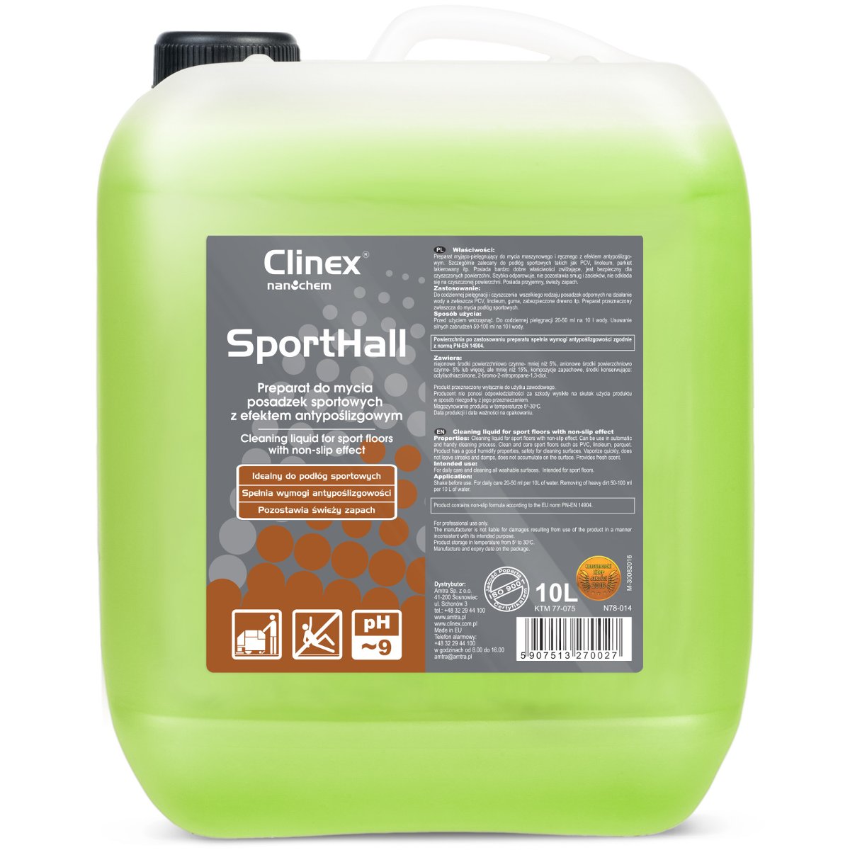 Clinex Płyn do mycia PCV linoleum parkietu w halach sportowych antypoślizgowy SportHall 10L 075