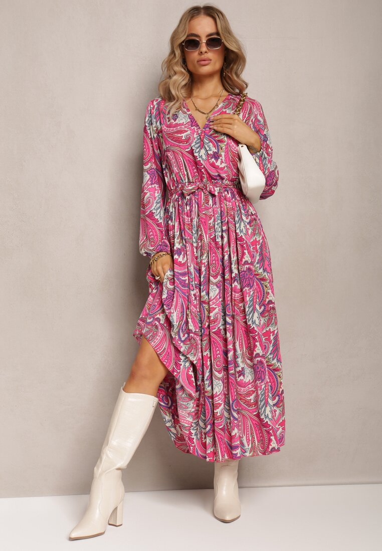 Ciemnoróżowa Plisowana Sukienka z Kopertowym Dekoltem i Wzorem Paisley Olanetta