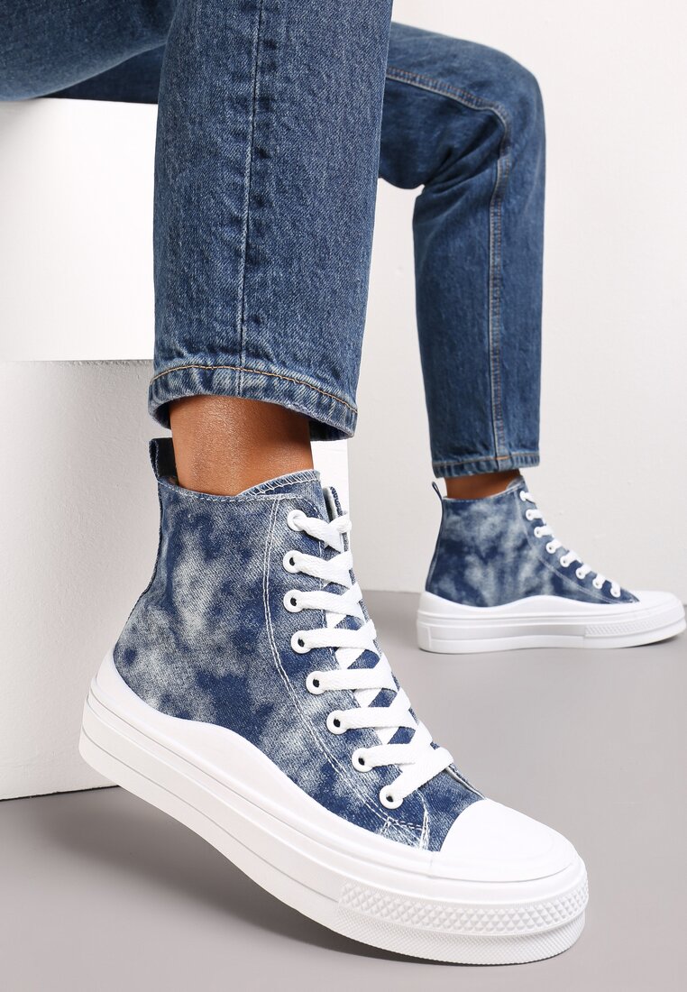 Granatowe Trampki z Cholewką za Kostkę w Stylu Denimu Galpena