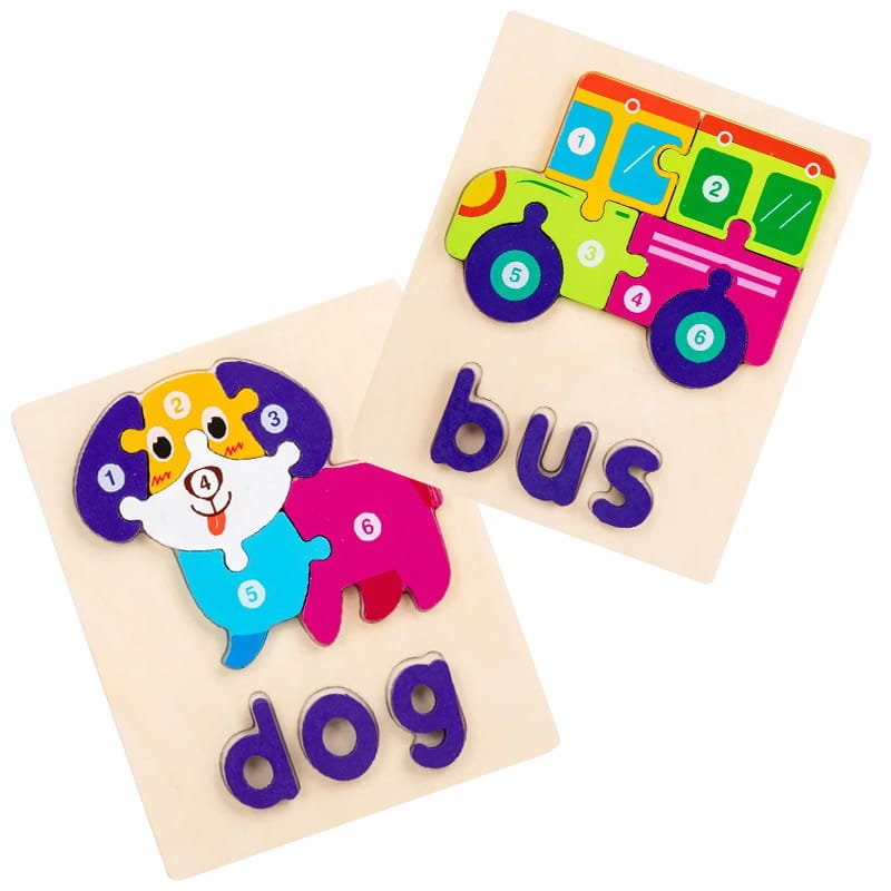 Puzzle drewniane - Autobus i Pies - Bus &  Dog