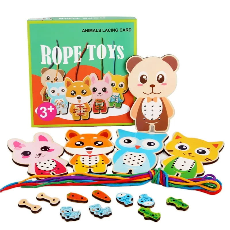 Puzzle drewniane Montessori - Rope toy Zwierzątka