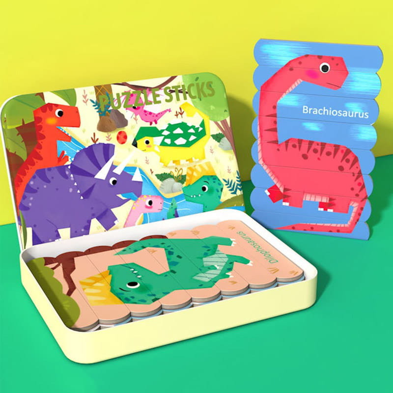 Puzzle drewniane Montessori - Lodowe patyczki Dinozaury