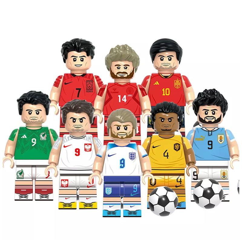 Piłkarskie gwiazdy - Lewandowski Raul Eriksen Suarez Son Heung-Min Virgil Pedri Kane - figurki klocki 8 szt