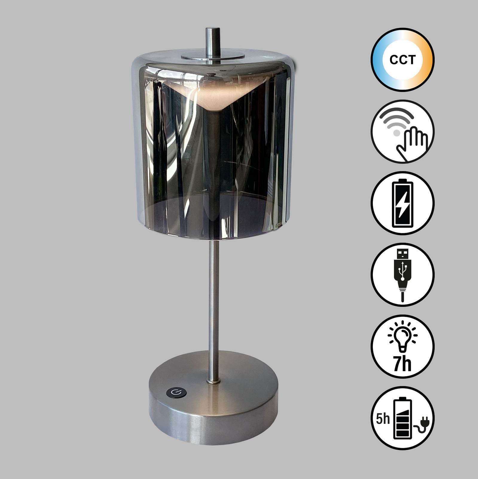 FH Lighting Lampa stołowa LED Riva, nikiel/dym Wysokość 34,5cm